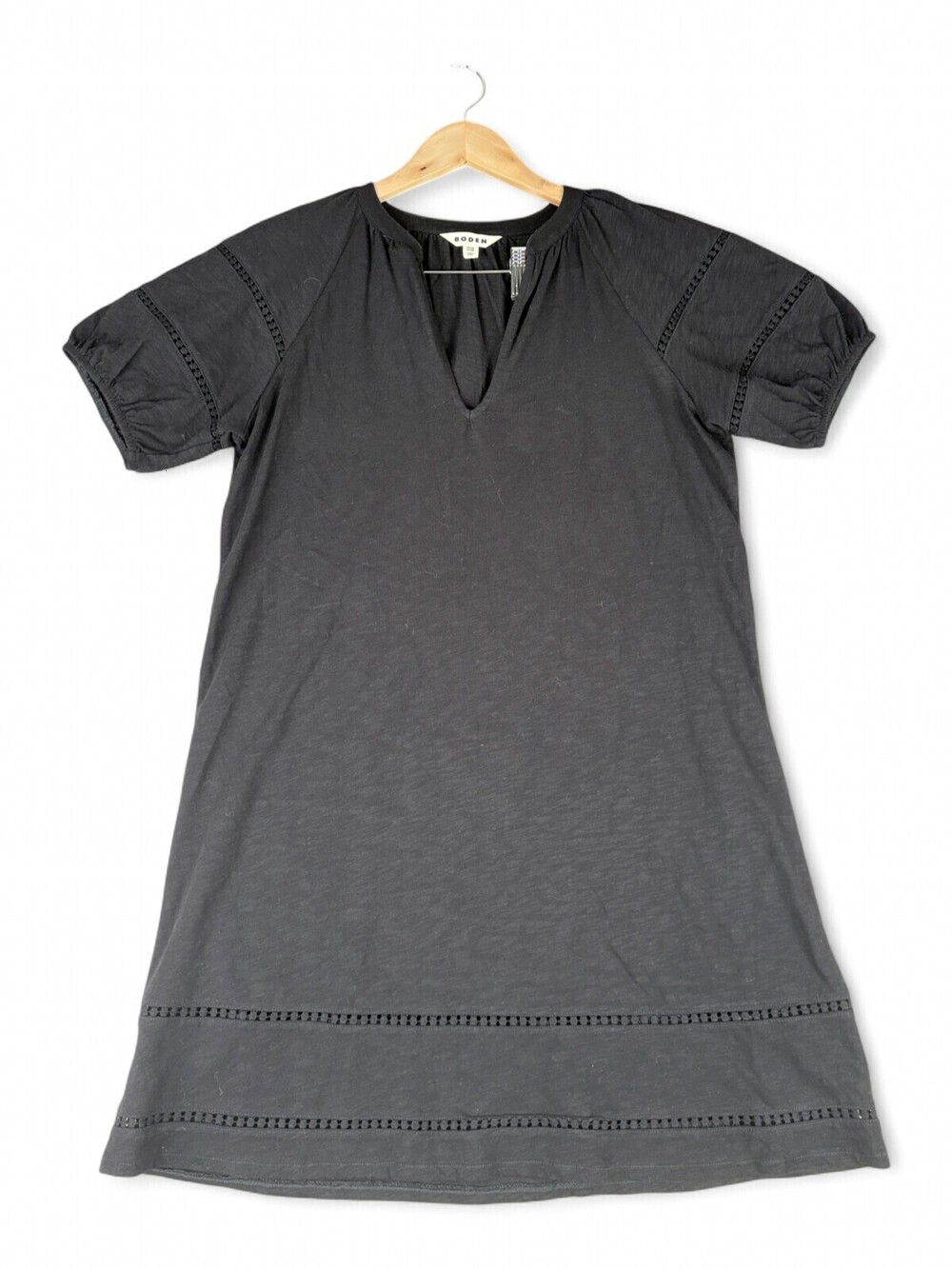 Boden Black Cotton-Texture Midi Dress Size 10 — Short Sleeve V-Neck